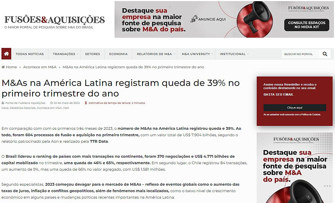 M&As na Amrica Latina registram queda de 39% no primeiro trimestre do ano
